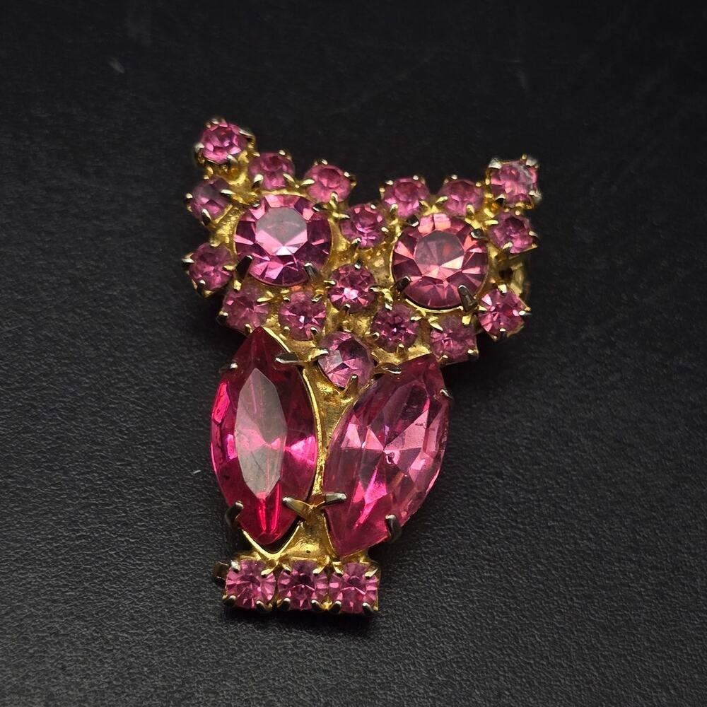 Pink Rhinestone Owl Bird Brooch Vintage Glam Animal Costume Jewelry